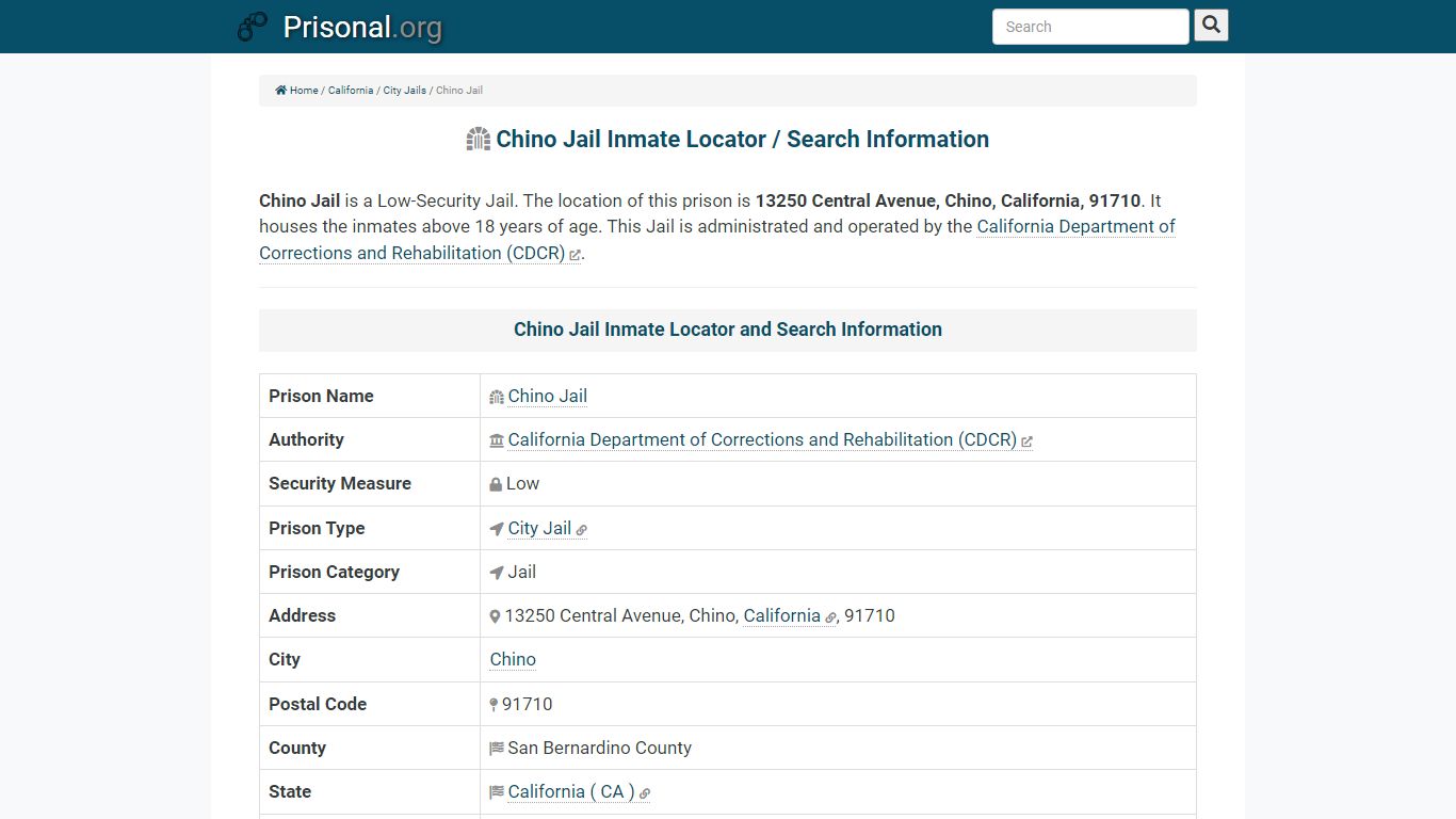 Chino Jail-Inmate Locator/Search Info, Phone, Fax, Email, Visiting Time ...